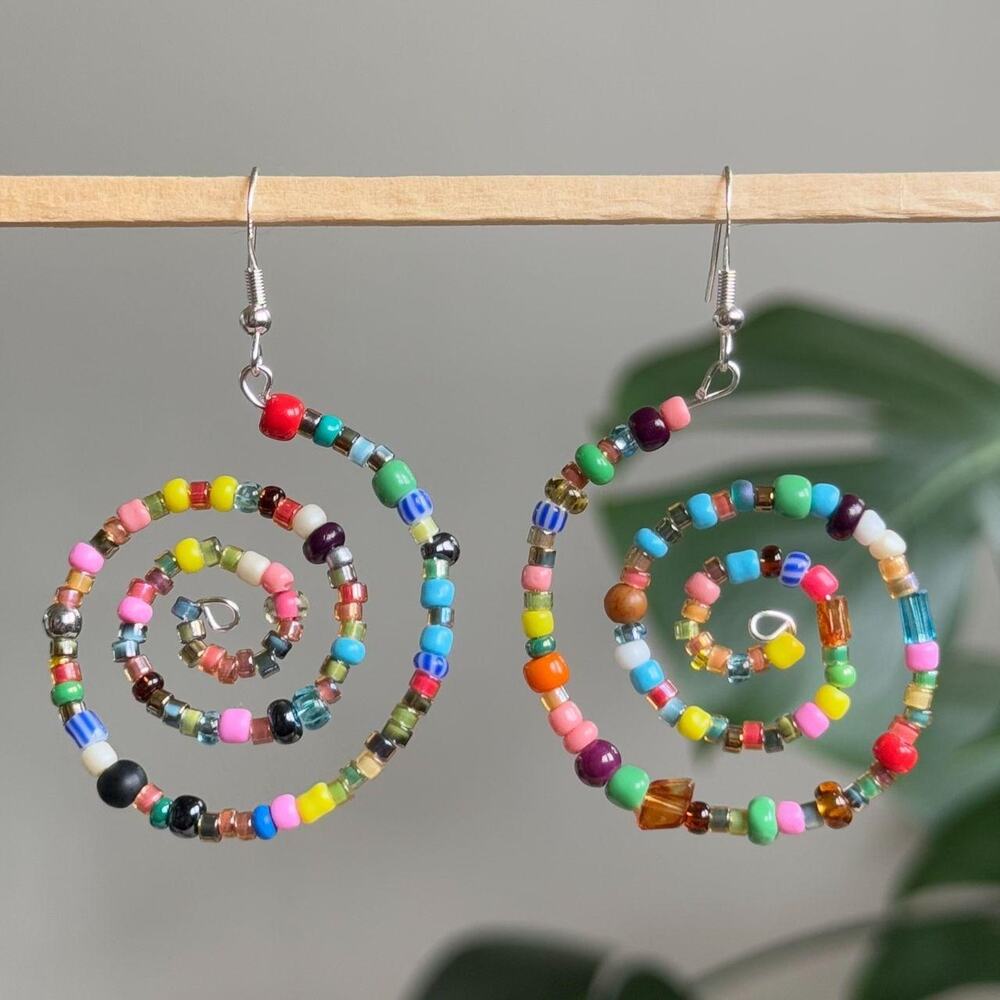 Handmade colorful beaded spiral earrings